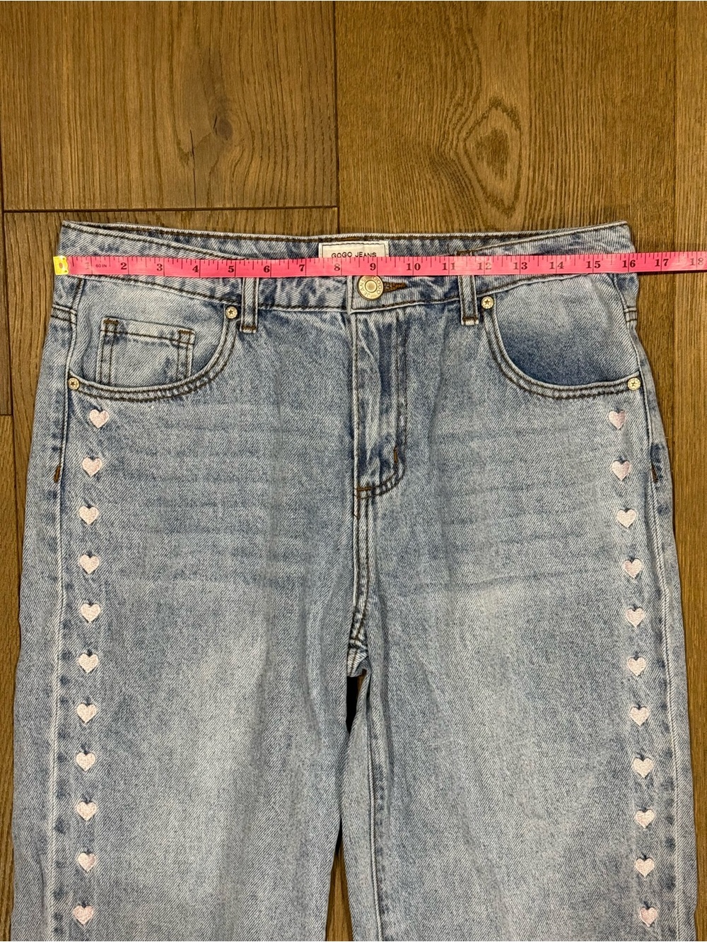 GOGO Jeans Light Wash Heart Embroidered Side Stripe Wide Leg Denim - Picture 6 of 8